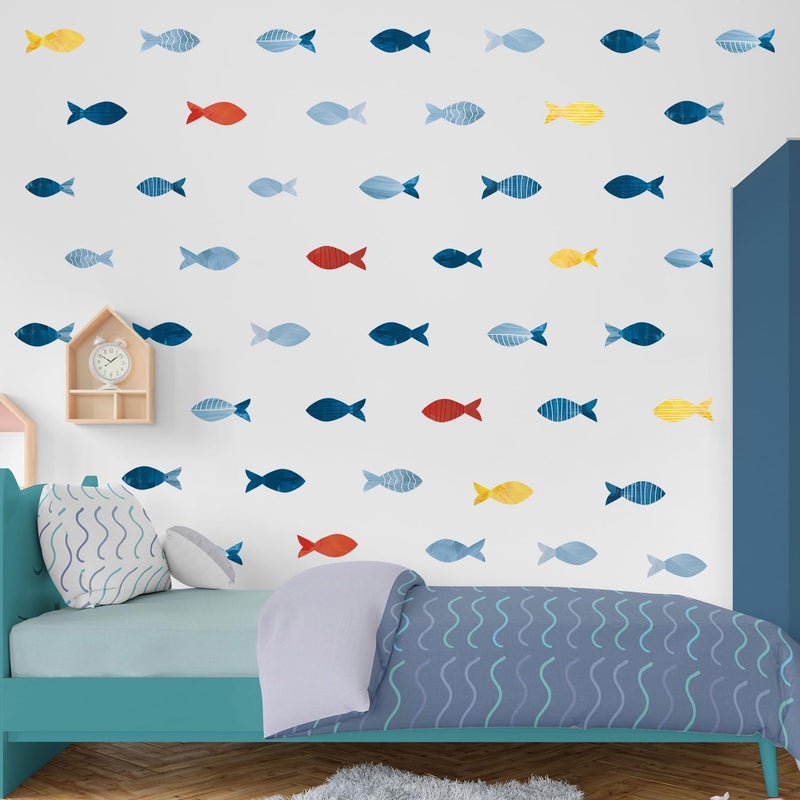 Kasubeso 80 Pcs Creative Ocean Fish Wall Decals, Peel and Stick Blue Fish Wall Stickers, Vibrant Sea Life Watercolor Fishing Wall Decor for Kids Room Nursery Bedroom Playroom Classroom - Image 1